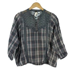 FREE PEOPLE We the Free Plaid Lace Inset Top
